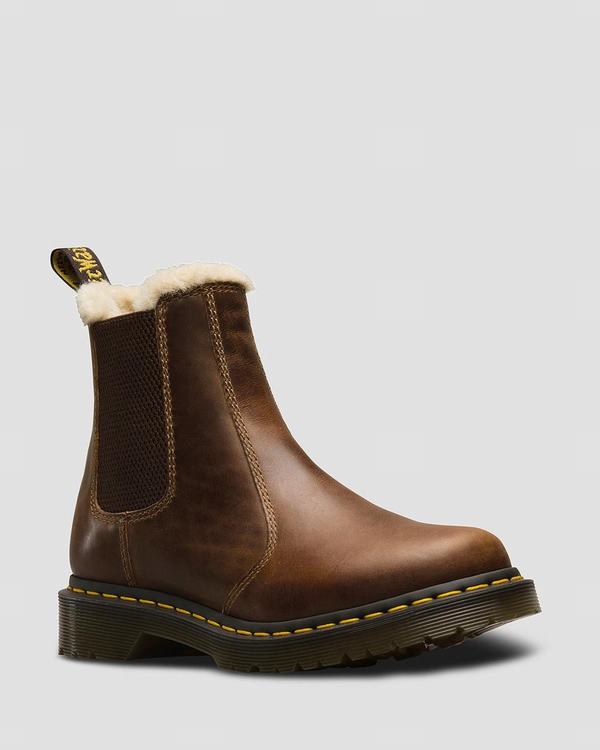 Dr Martens Dámské Chelsea Boty Fur-lined 2976 Leonore Orleans Hnědé, CZ-289105